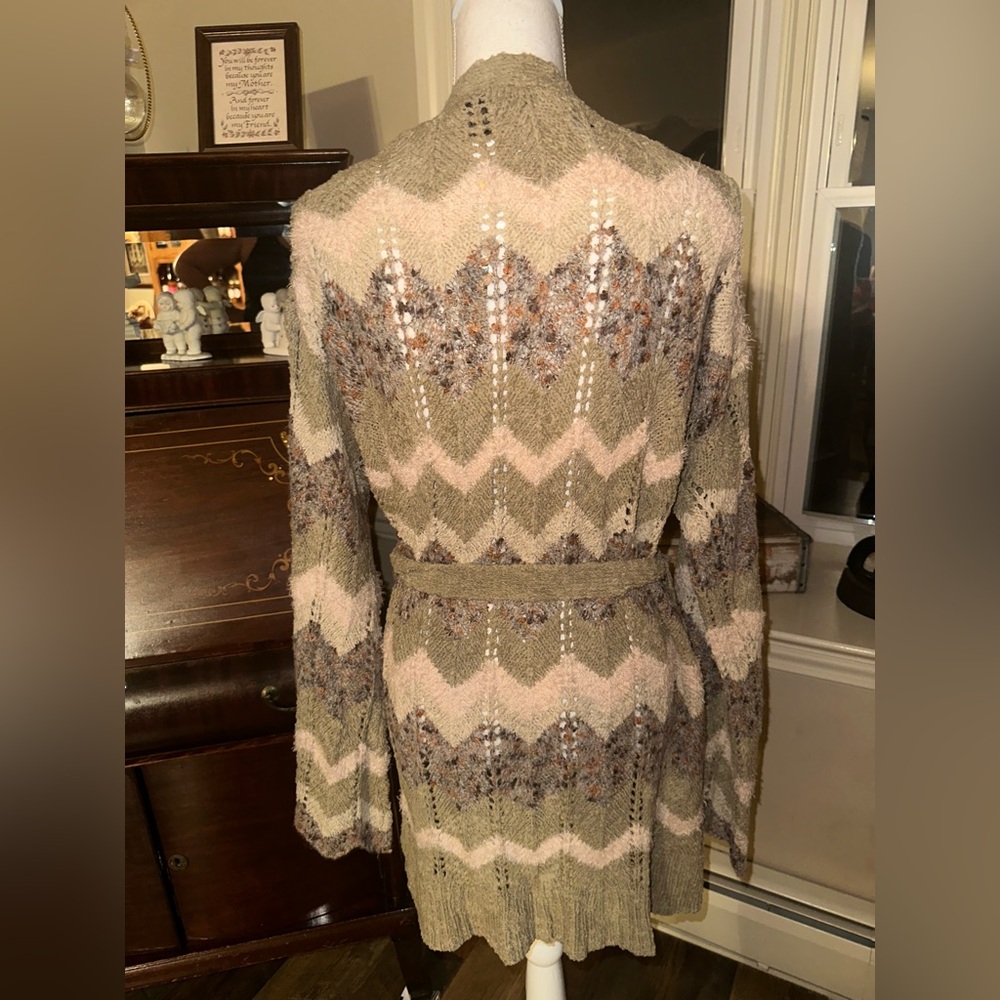 New Preswick & Moore Womens Long Cardigan Tans/ Pale Pink Boho/ Belt / size 2X - Picture 6 of 15
